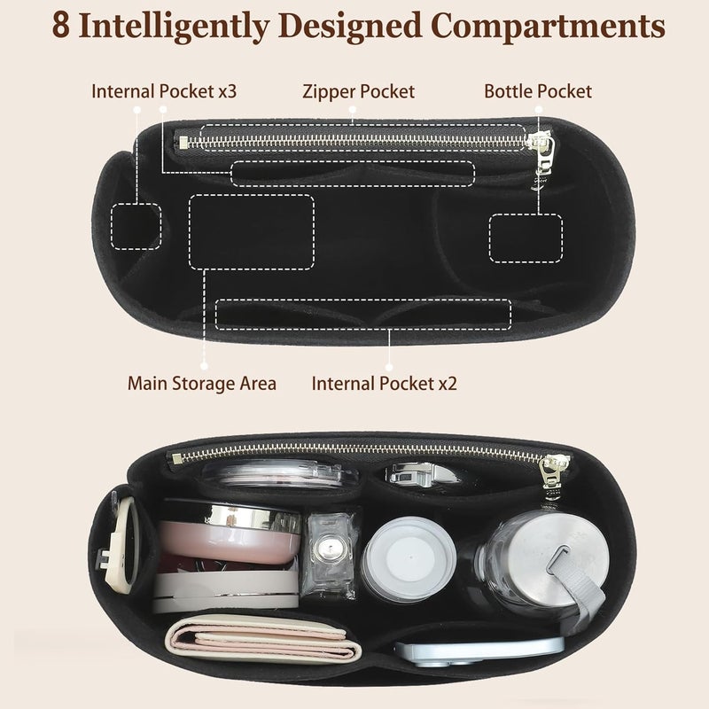 Doxo Backpack Organzier Insert for Longchamp Le Pliage Bag, Premium Felt Organizer with 8 Compartments and Zippered Pocket Bottle Pocket(Black, Backpack) - Image 2